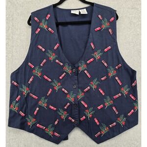 Vtg Bobbie Brooks Christmas Vest Womens 18/20W Blue Embroidered Holly Ribbon Mom